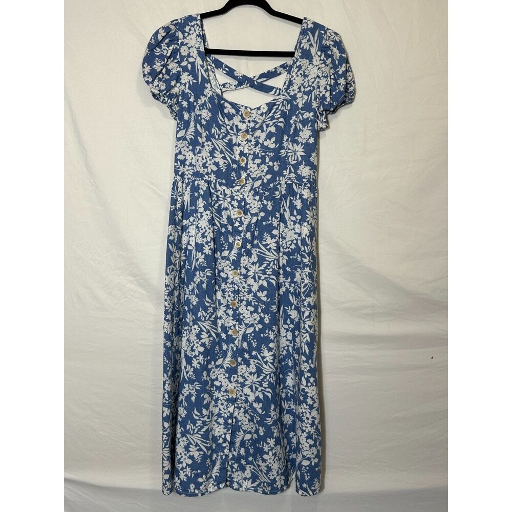Springfield Women's Linen Blend Blue Floral Front Button Midi Sun Dress Size 8